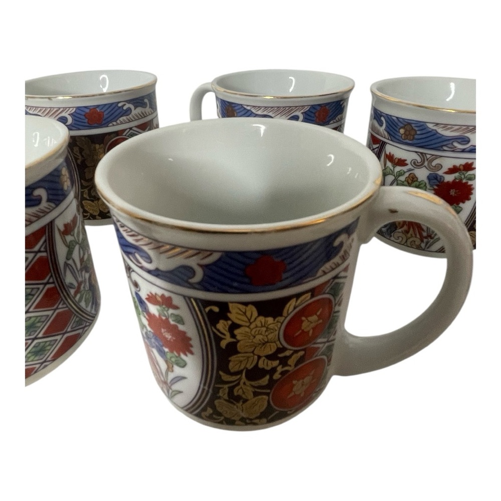 Imari Colorful Ceramic Mug with Floral and Bird Design. Lot of 6 Vintage Mugs